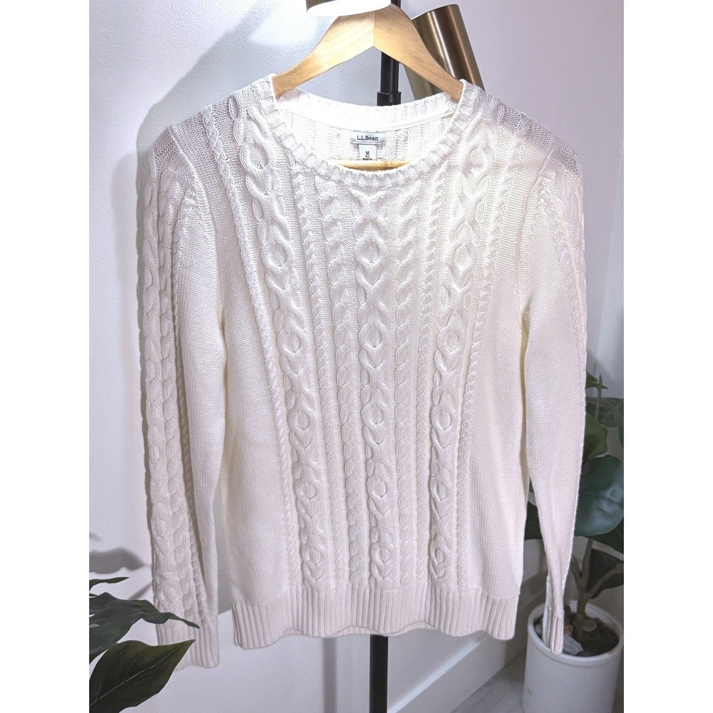 L.L Bean Med Crewneck cream classic preppy fisherman sweater nautical minimalist